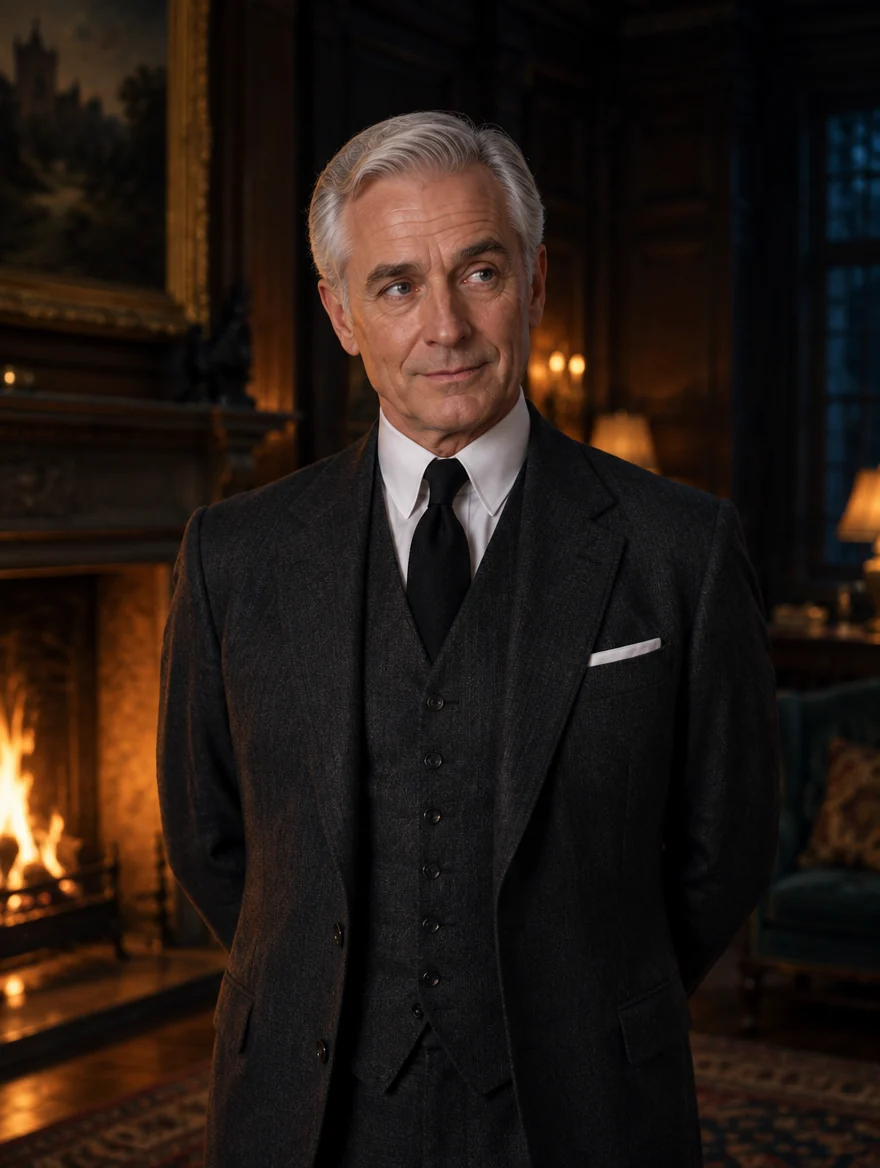 Cecil, silver-haired and immaculately dressed, with a composed, knowing expression.