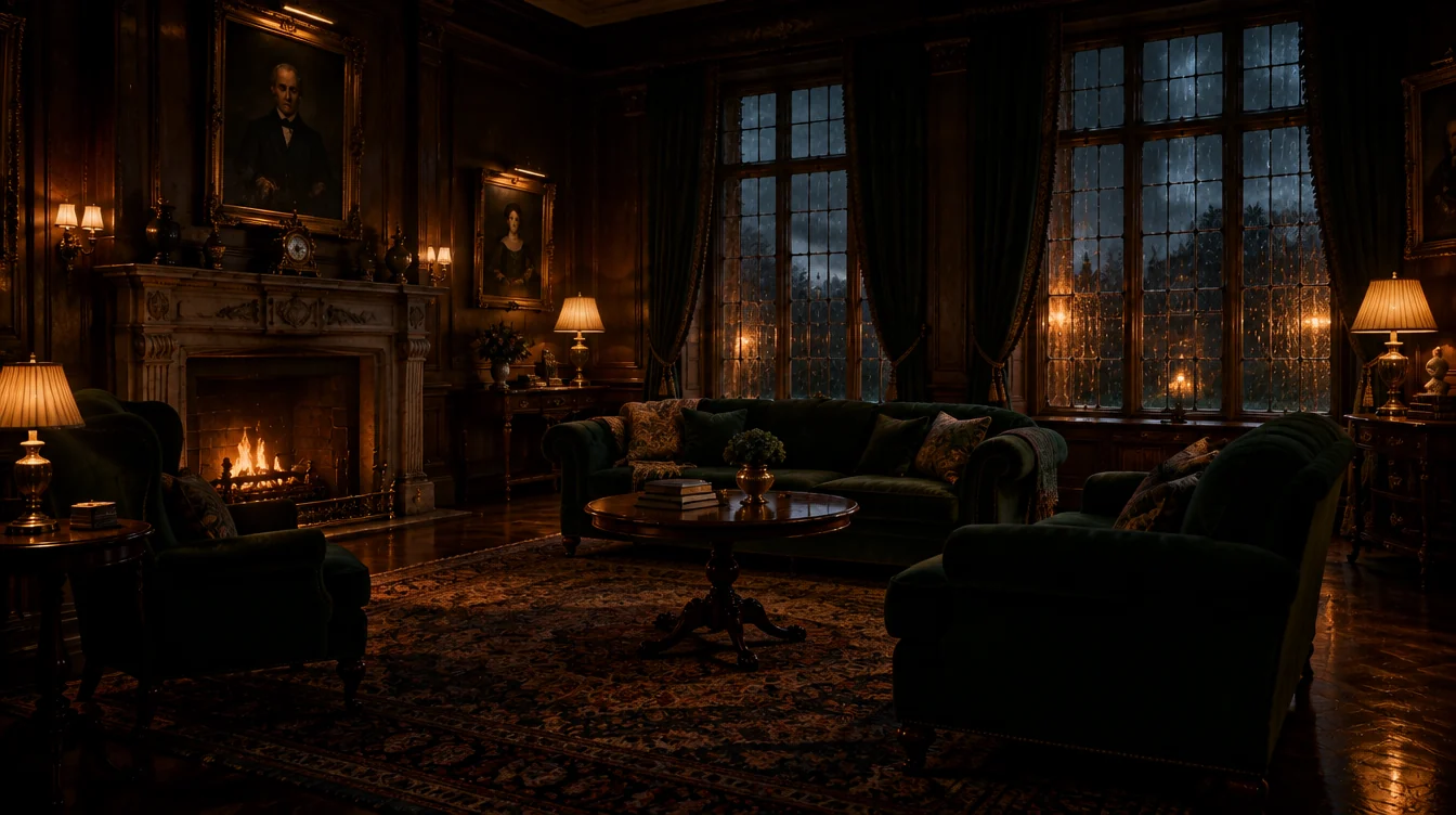 The drawing room at Ashcombe Hall, lit by the fire and table lamps.
