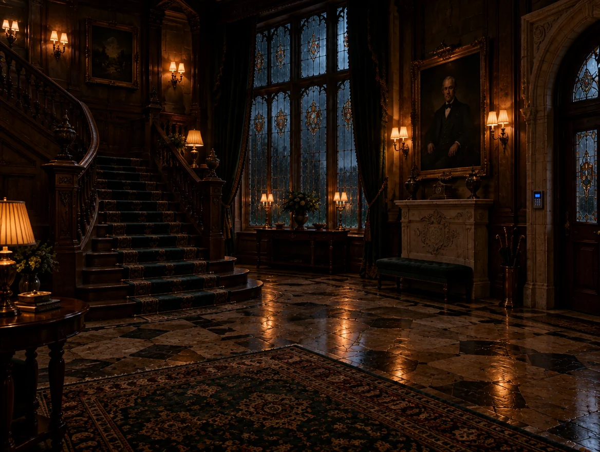 A candlelit entrance hall with dark oak stairs and rain-streaked stained glass.